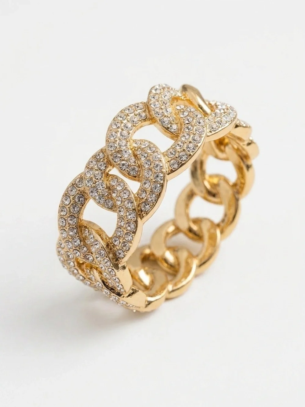 Gold-Tone Crystal Pave Chunky Stretch Chain Link Bracelet Excellent Condition